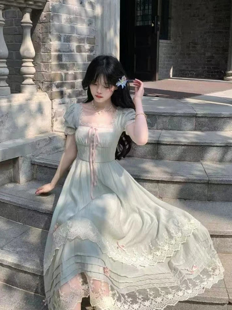 French Gentle Style Vintage Women Dress Sweet Bow Short Sleeve Dress Lace Splice Korean Popular Chic Long Dress New Summer 2026