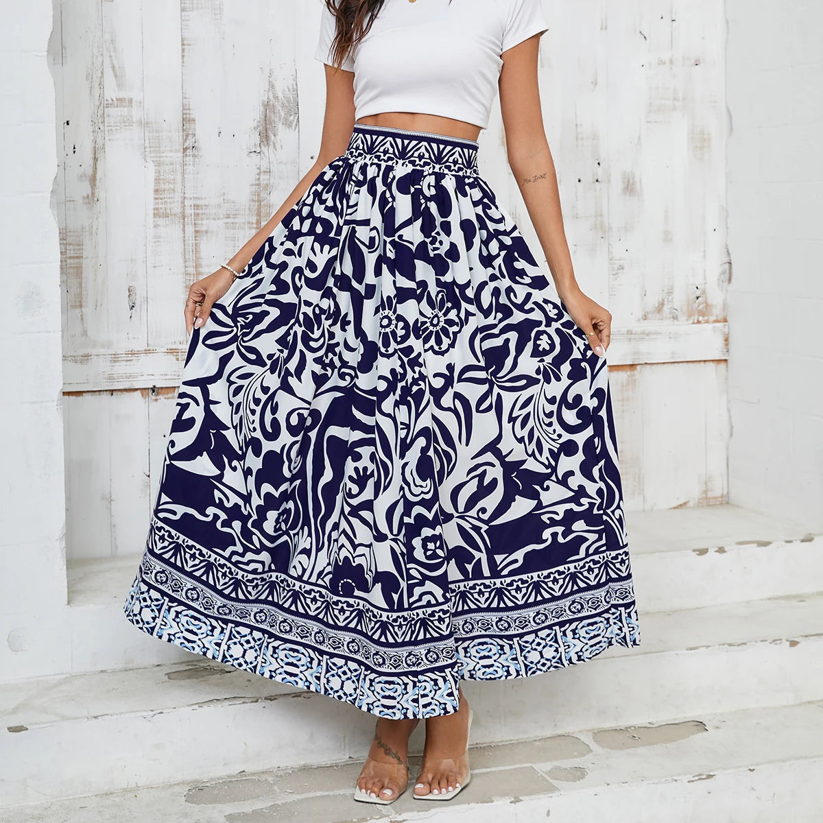 Floral Pleated Short Skirt For Women Summer Vintage High Waist Midi Skirt Female Vacation