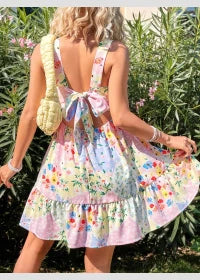 Women's Floral Print Strapless Back Tie Bow Dress 1181