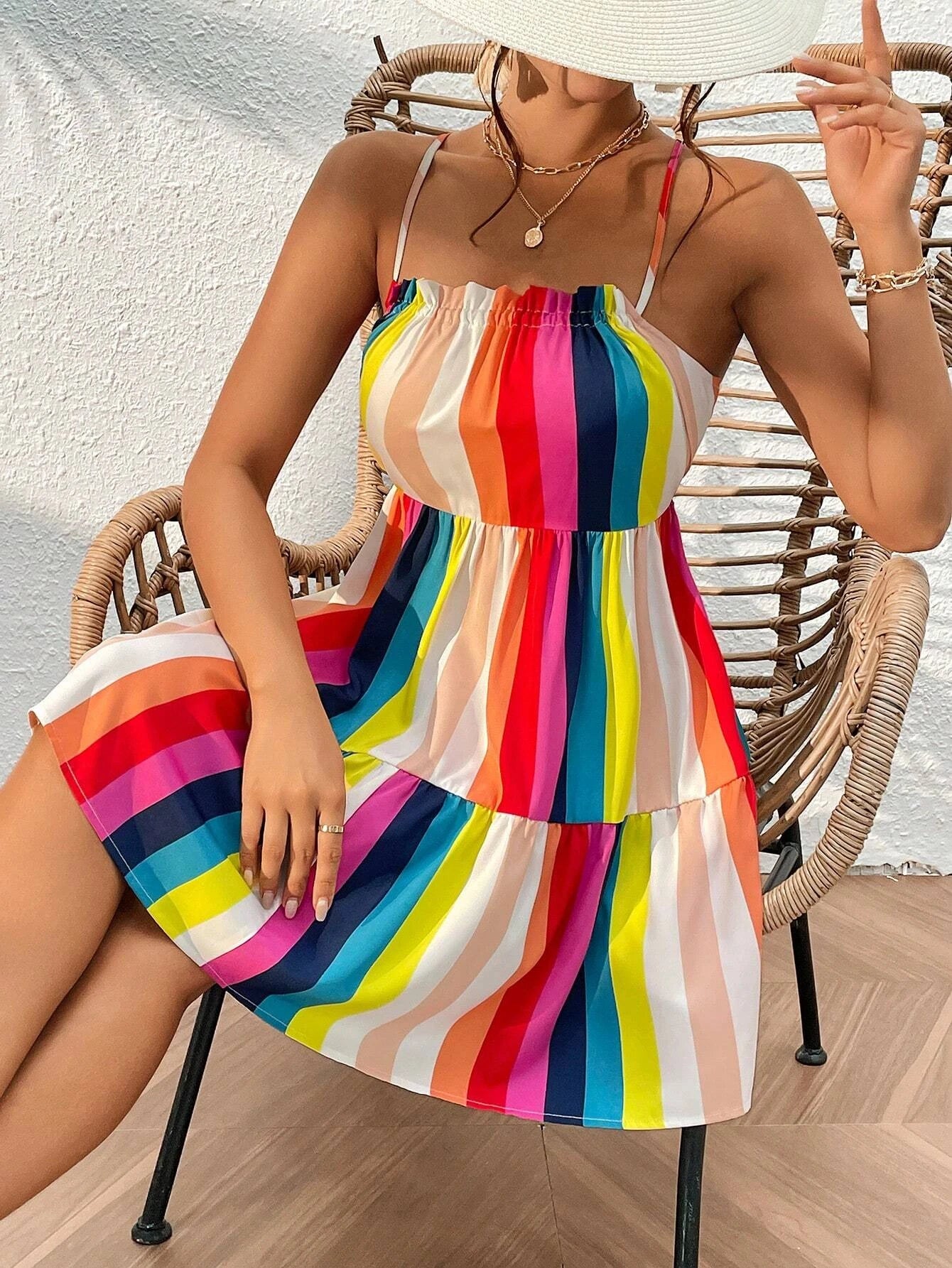 Rainbow Stripesd Printed Strappy Backless Ruffled Hem Suspender Dress 1069