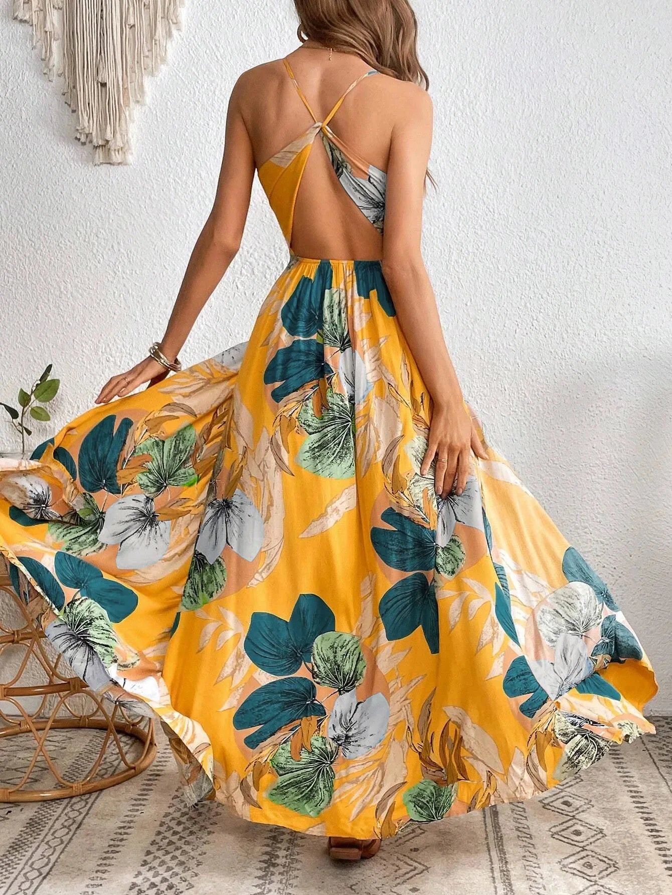 Tropical Printed Thigh Sling L Backless Suspender Dress 1056