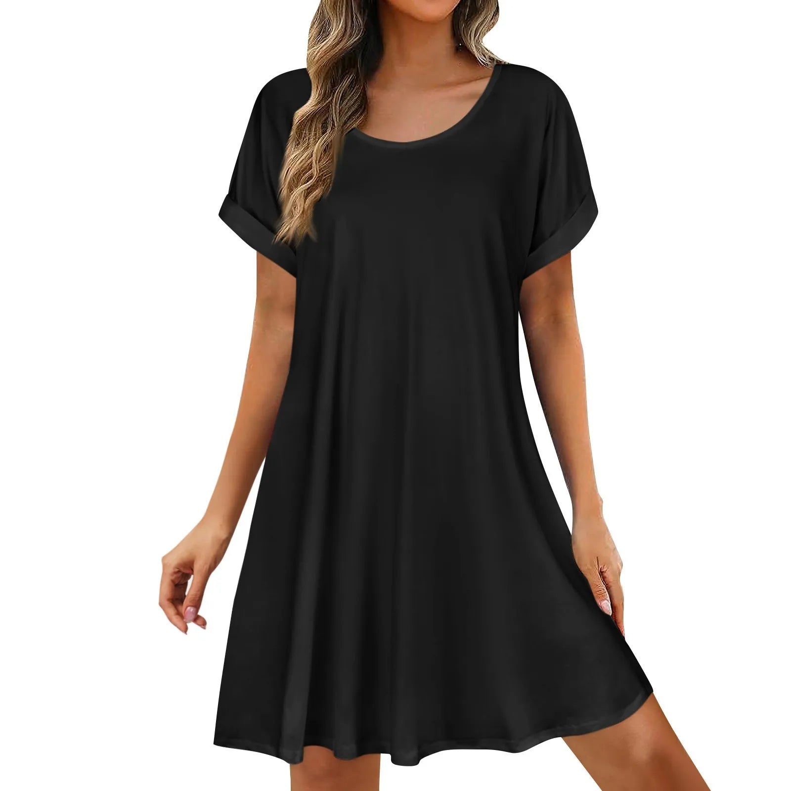 Womens Summer Basic Solid Color Short Skirt Casual and Versatile Oversized Pullover Dress Comfortable Round Neck Sundress