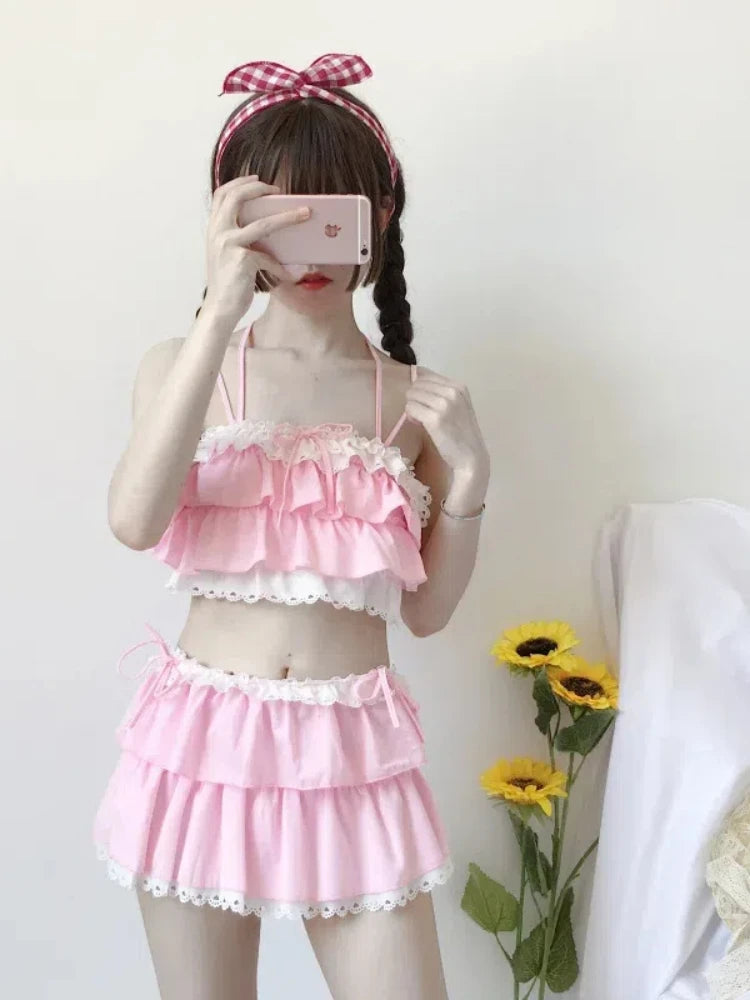 Cute Girls Lolita Ruffle Bikini Sukumizu Cosplay Pink And Black Color Swimsuit Hollowed Multilayer Hem Biquini Women Swimwear
