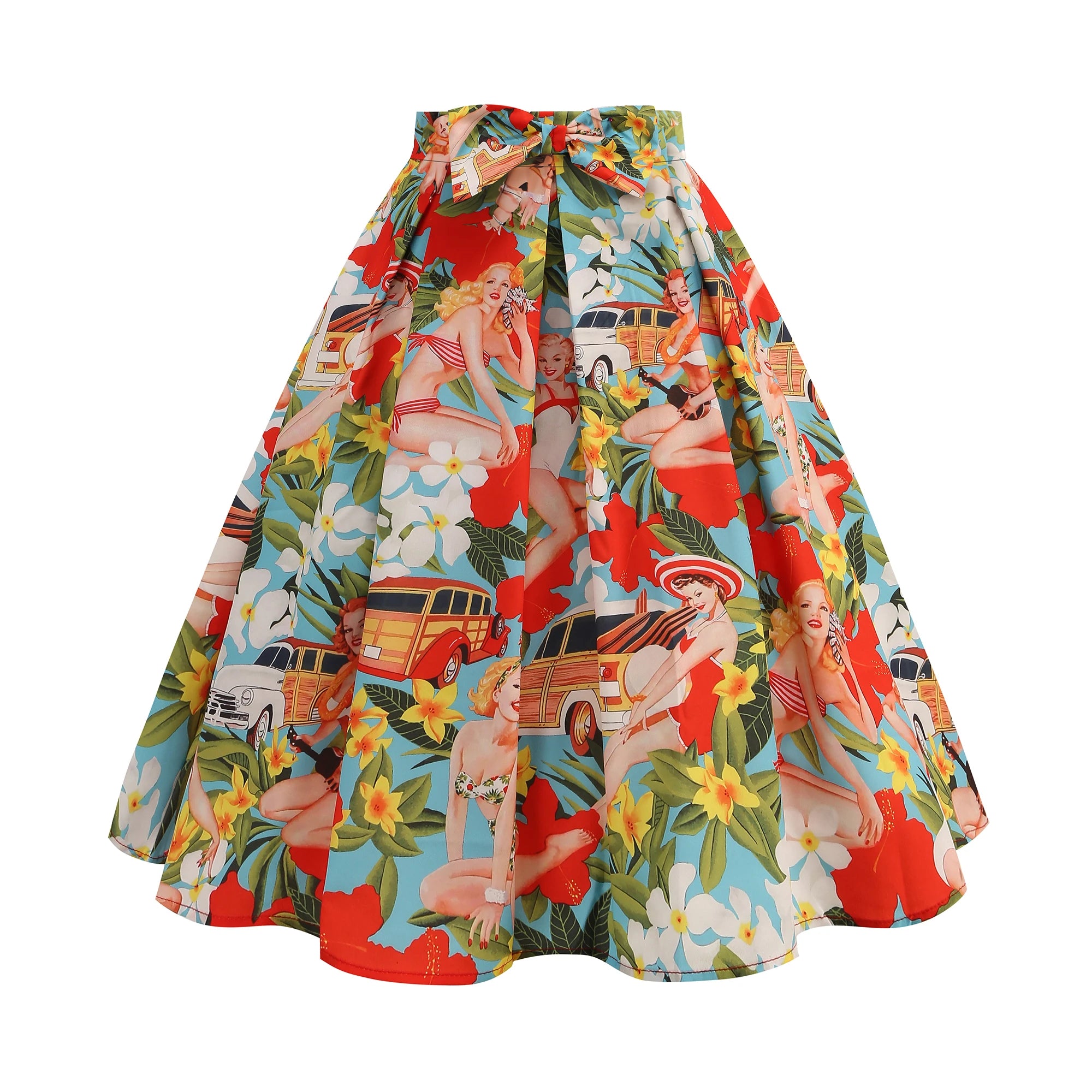 Floral Print Summer Skirt Women High Waist Swing 50s Vintage Retro Rockabilly Midi Pleated Skirts Faldas