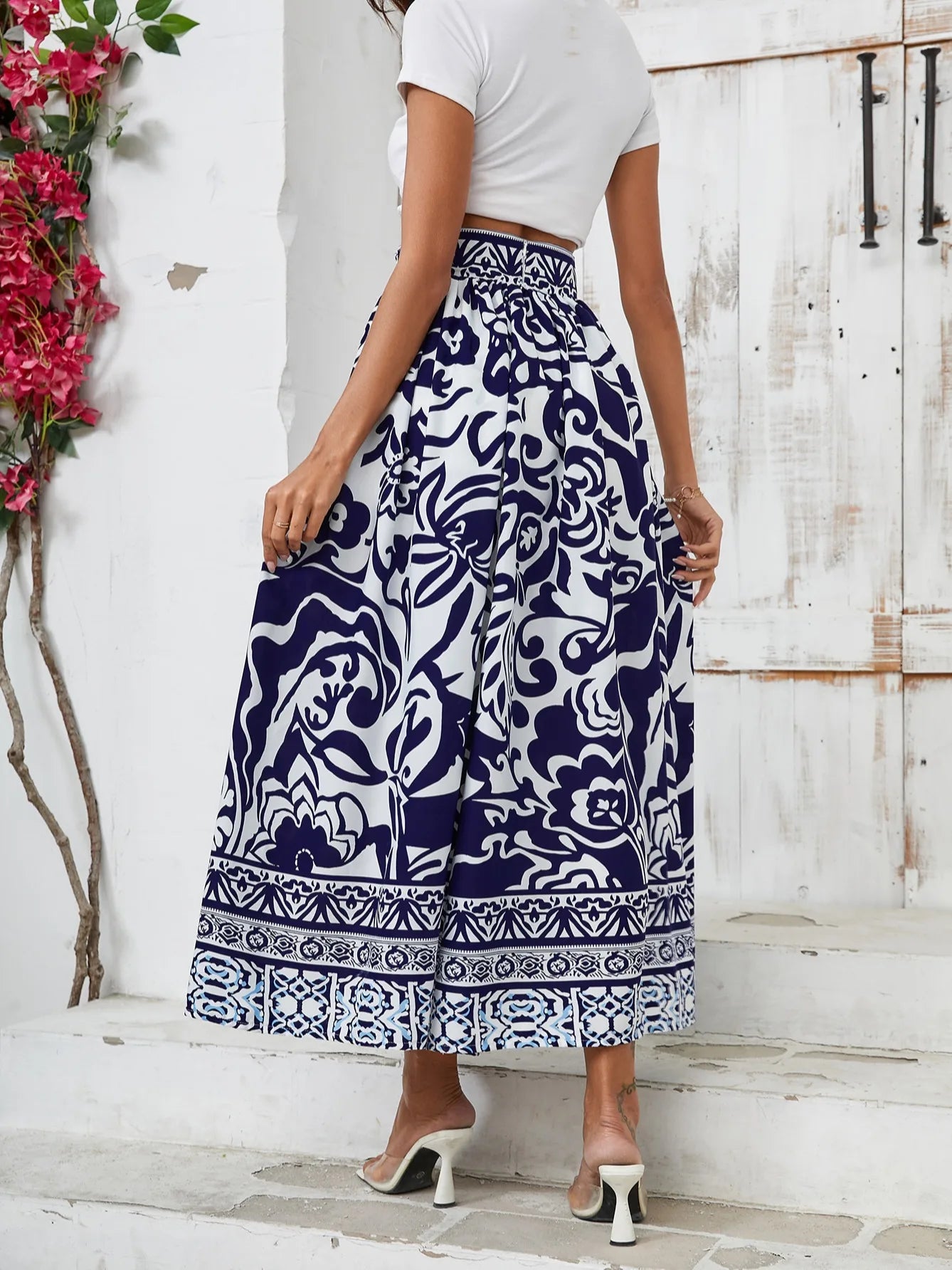 Floral Pleated Short Skirt For Women Summer Vintage High Waist Midi Skirt Female Vacation