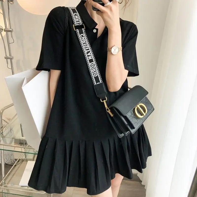 Summer New Loose Pleated Skirt Short Sleeve Polo Neck All-match Solid Color Plus Size Mini Dress Casual Fashion Women Clothing