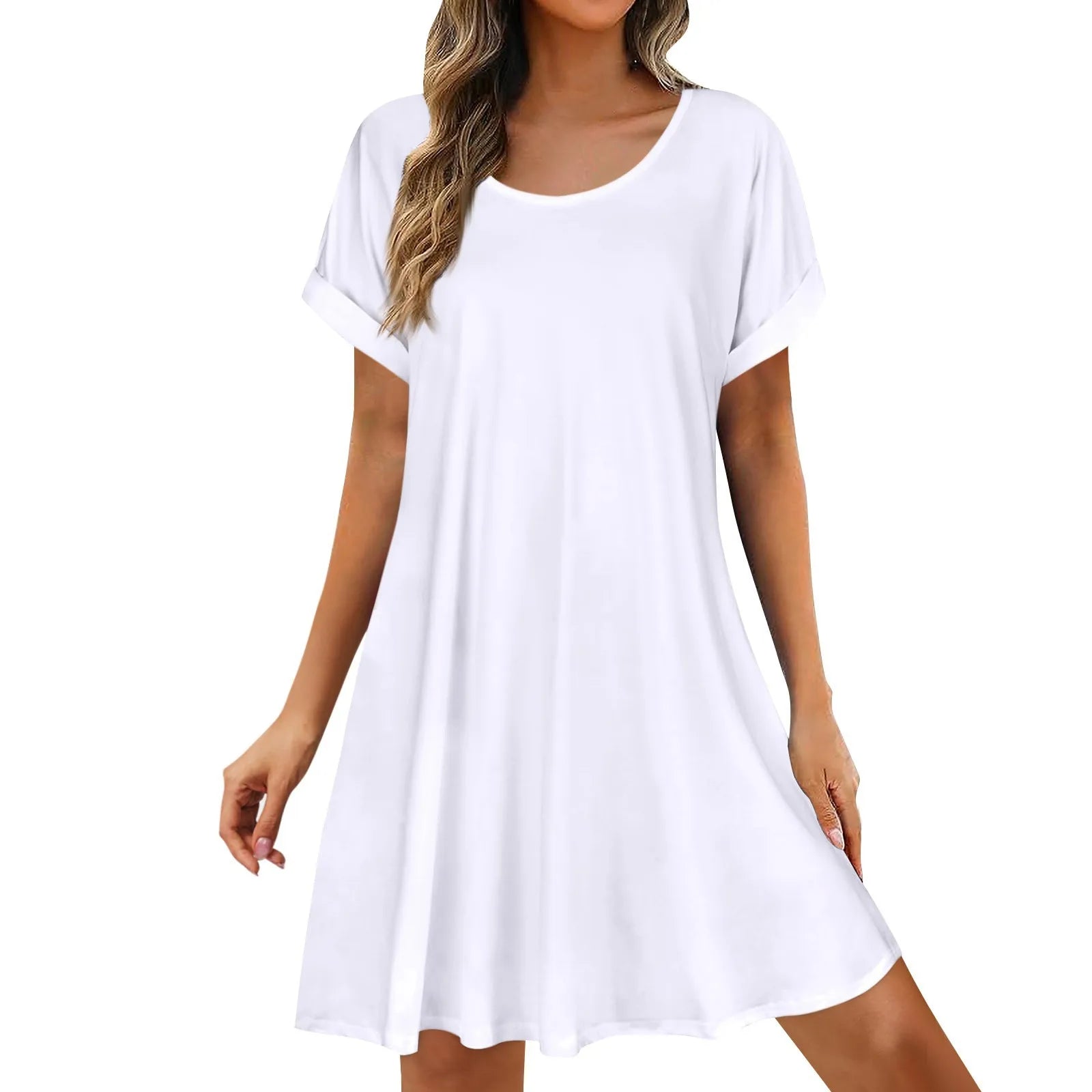 Womens Summer Basic Solid Color Short Skirt Casual and Versatile Oversized Pullover Dress Comfortable Round Neck Sundress