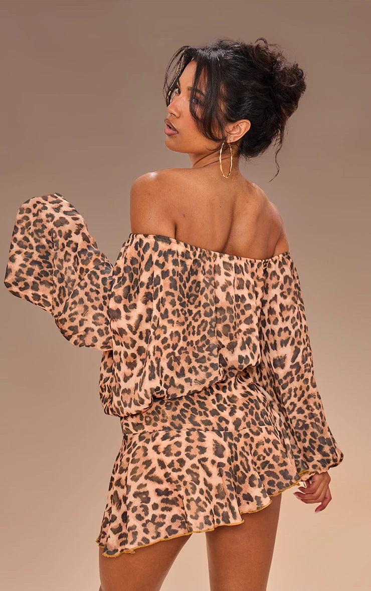 Elegant Short Printed Dress with Single Shoulder Design And Loose Waist for Women Leopard Pattern Floating Skirt Style