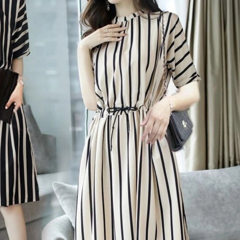 Striped Short-Sleeved Casual Midi Dress Summer Aesthetic Clothes Korean Fashion Casual Office Lady Dresses for Women Vestidos