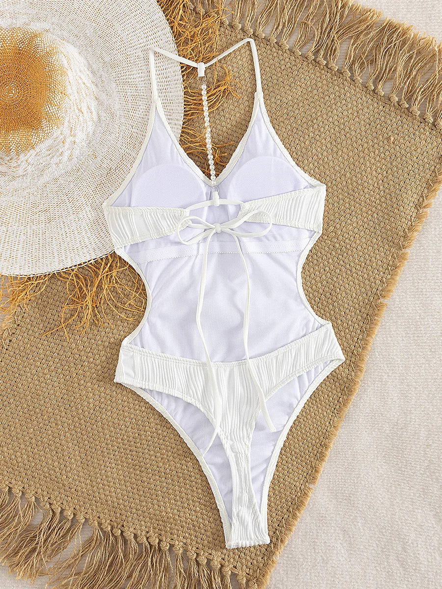 Pearls Wrinkled V Neck Thong Women Swimwear One Piece Swimsuit Female Backless Monokini High Cut Bathing Suit Swim Beach wear
