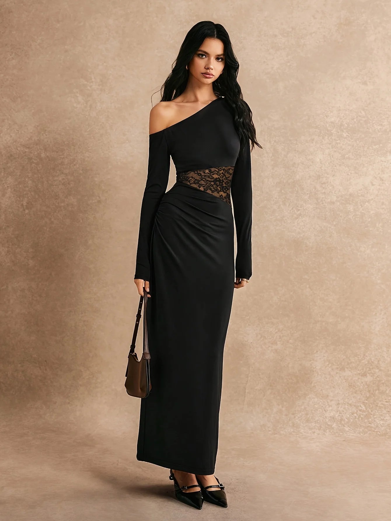Black Dress Elegant Fashion Patchwork Lace Trumpet Dress Sexy Slim Slash Neck Long Sleeve Maxi Dresses For Women