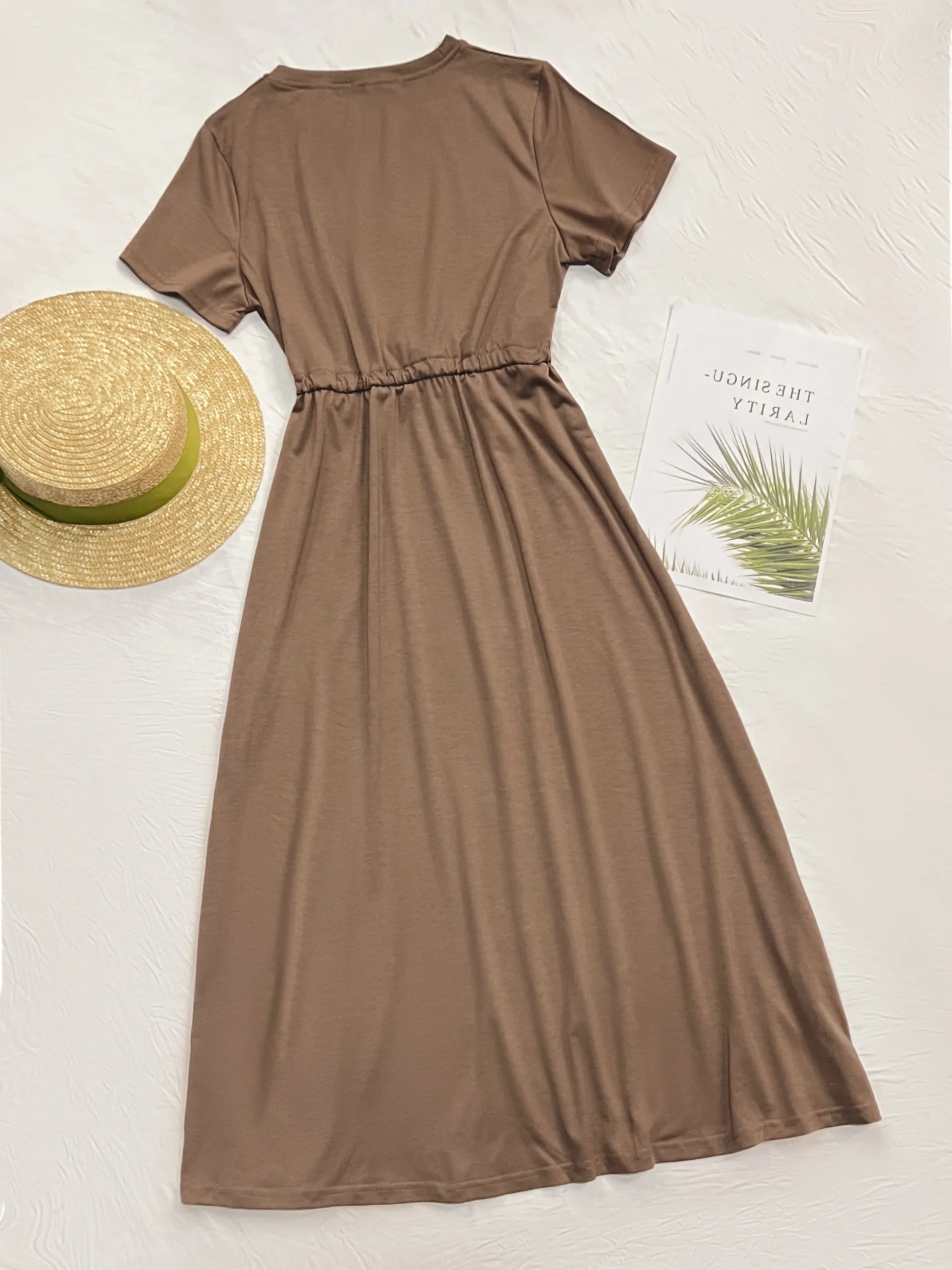 Ladies' fashion casual round neck short sleeve dress solid color simple drawstring dress