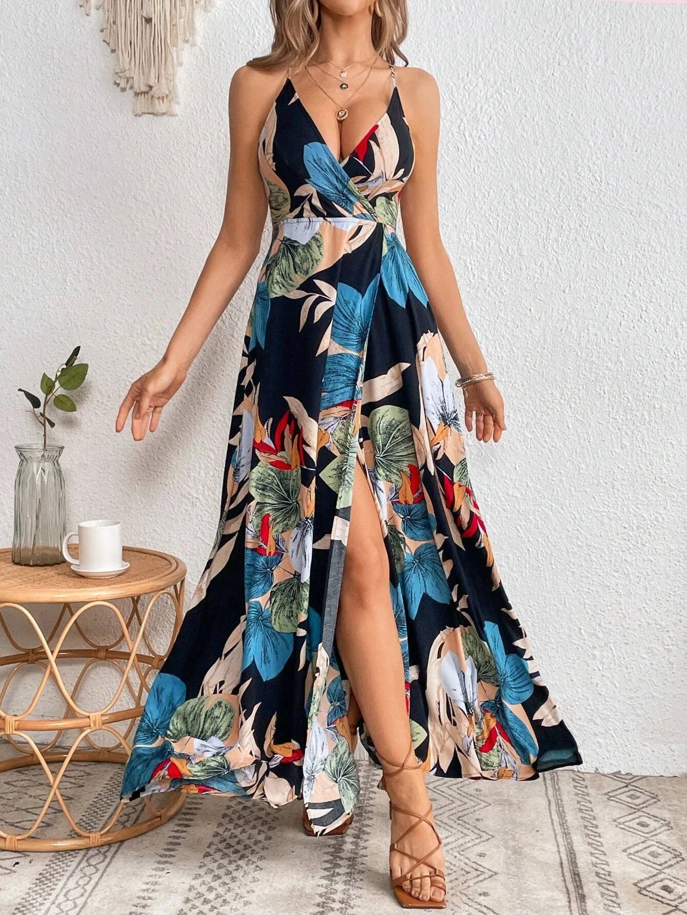 Tropical Printed Thigh Sling L Backless Suspender Dress 1056