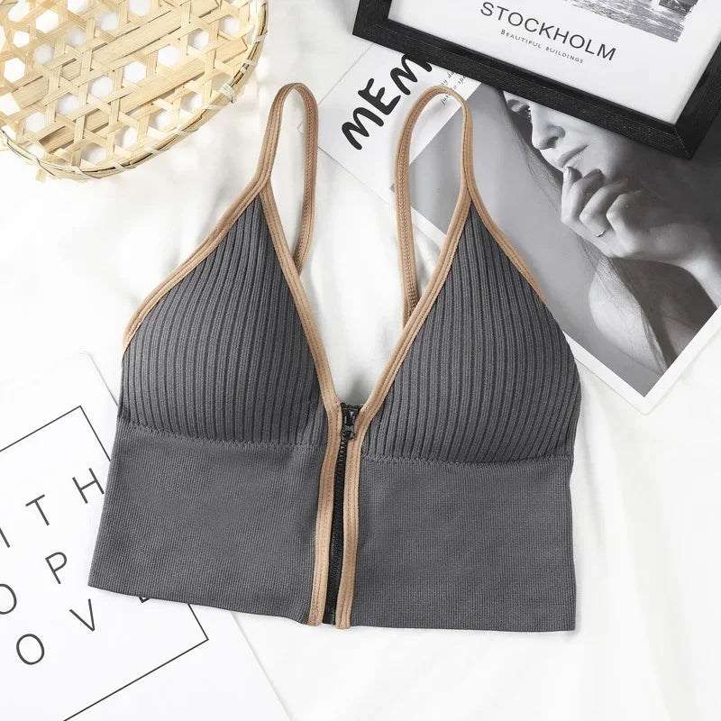 Seamless Sports Bra Women's Tube Top Front Zipper Sexy Crop Tops Beauty Back V-Neck Camisoles Push Up Lingerie Sports Tank Top