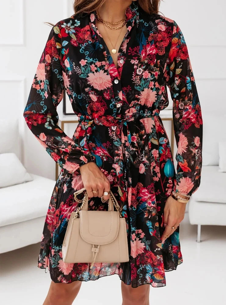 Women Floral Print Shirt Dress Fashion Casual V-Neck Long Sleeve A-Line Wrapped Dress Spring Autumn Vacation Dresses Streetwear