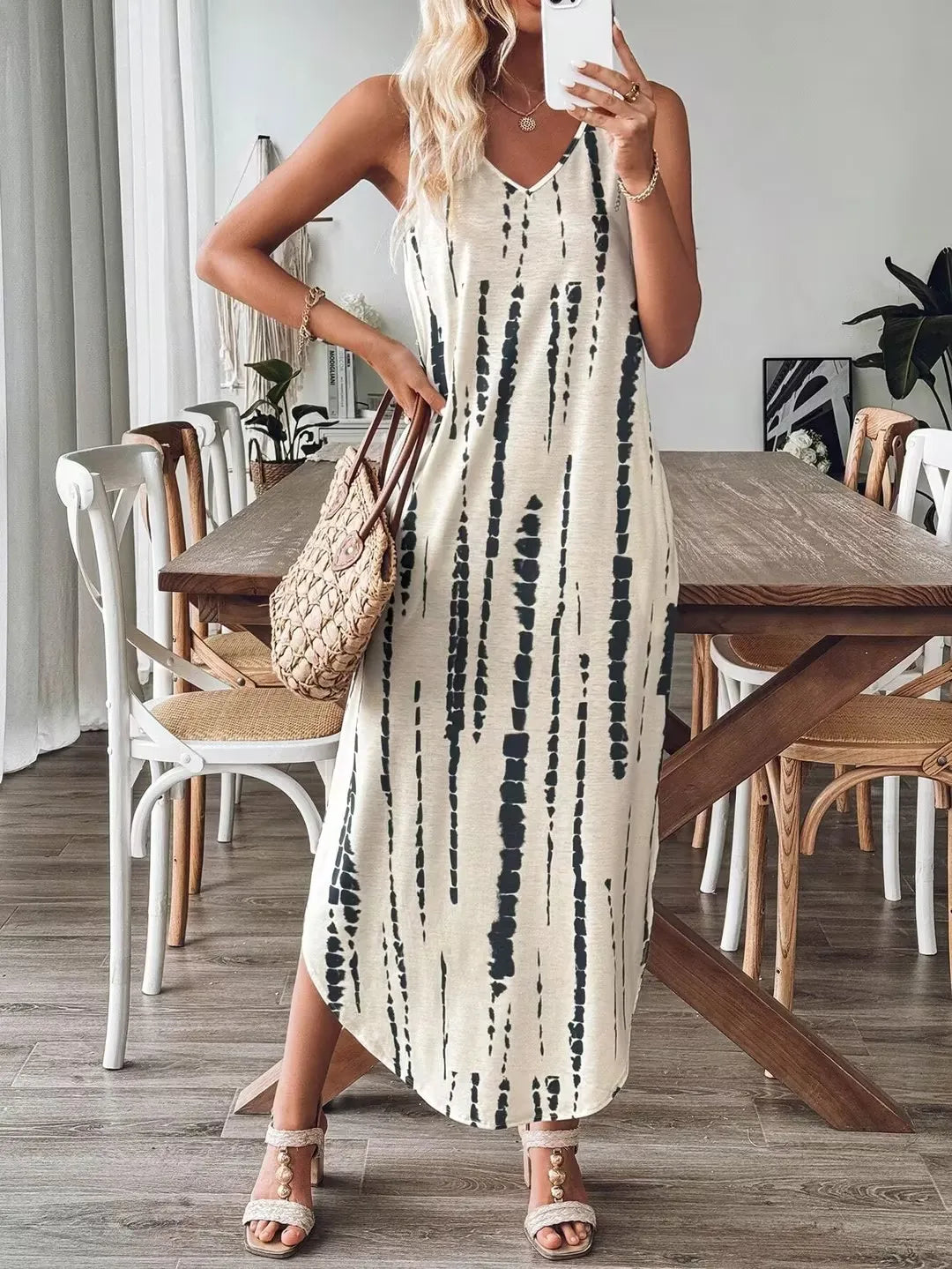 ashionable Casual Dress Sleeveless Summer Loose Slit Print Dress V-neck Color Blocked Print Sleeveless Long Dress For Women