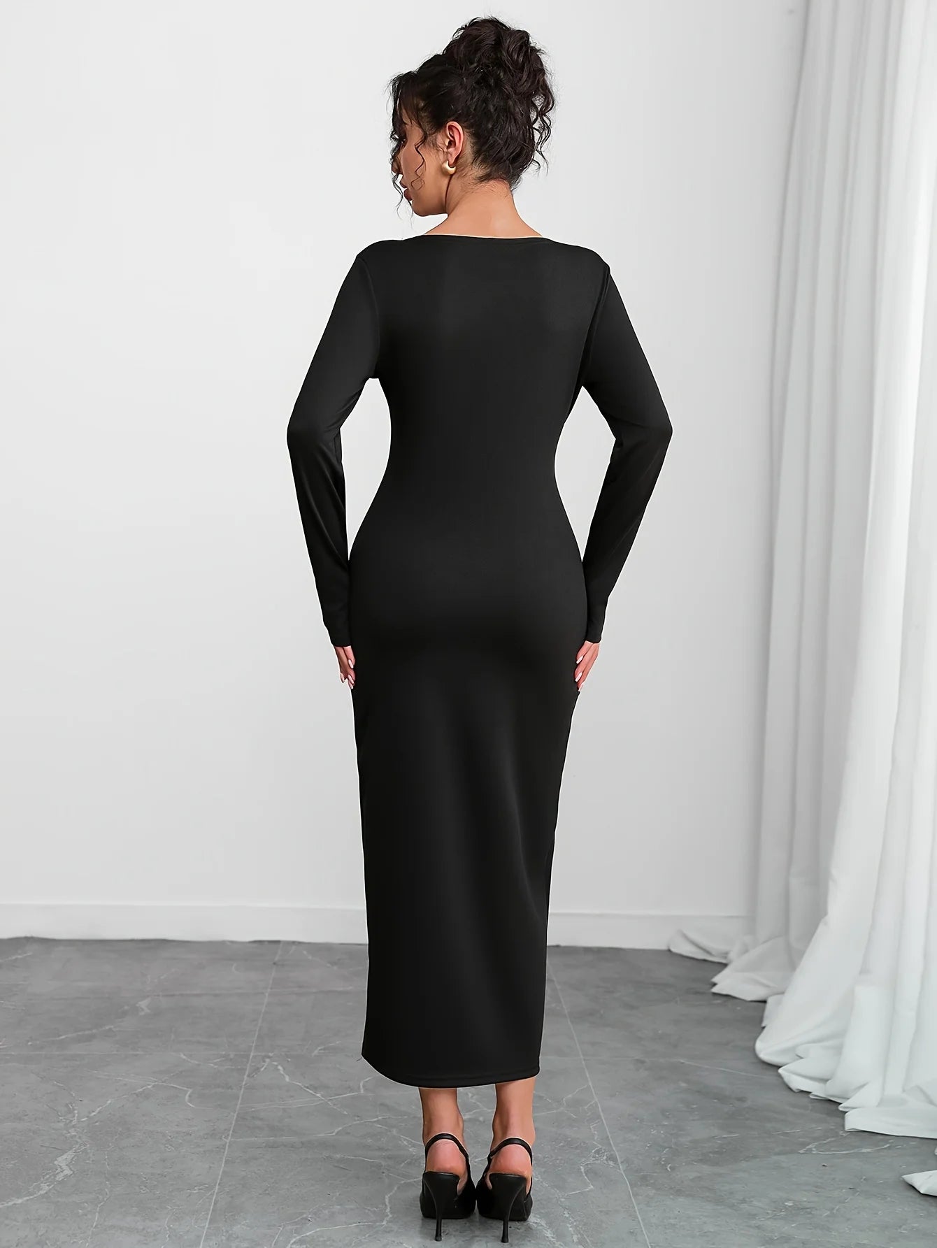 Elegant Bow Decorated High Collar Midi Dress For Women Spring Autumn Oversized Clothing Stylish Waist Gathered Dress