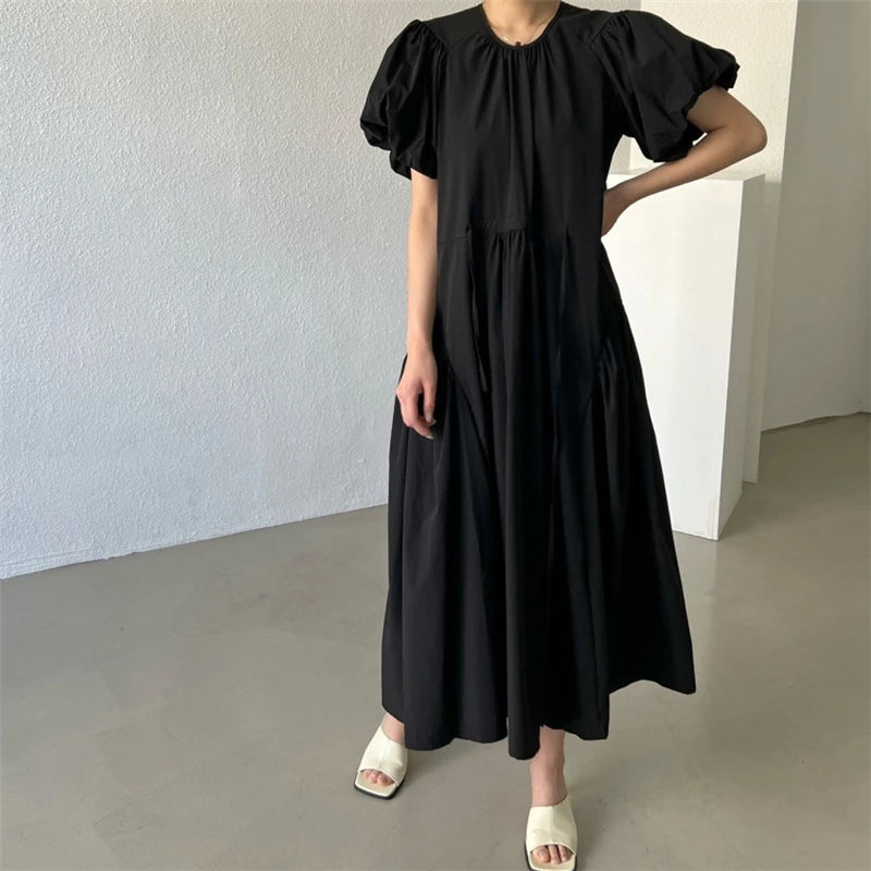 REALEFT Summer Vintage Puff Sleeve Women's Long Dresses 2026 New O-Neck Korean Straight Casual Loose Dresses Female