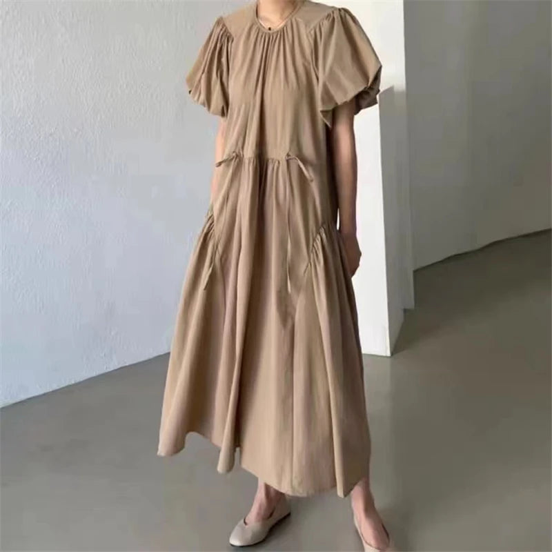 REALEFT Summer Vintage Puff Sleeve Women's Long Dresses 2026 New O-Neck Korean Straight Casual Loose Dresses Female