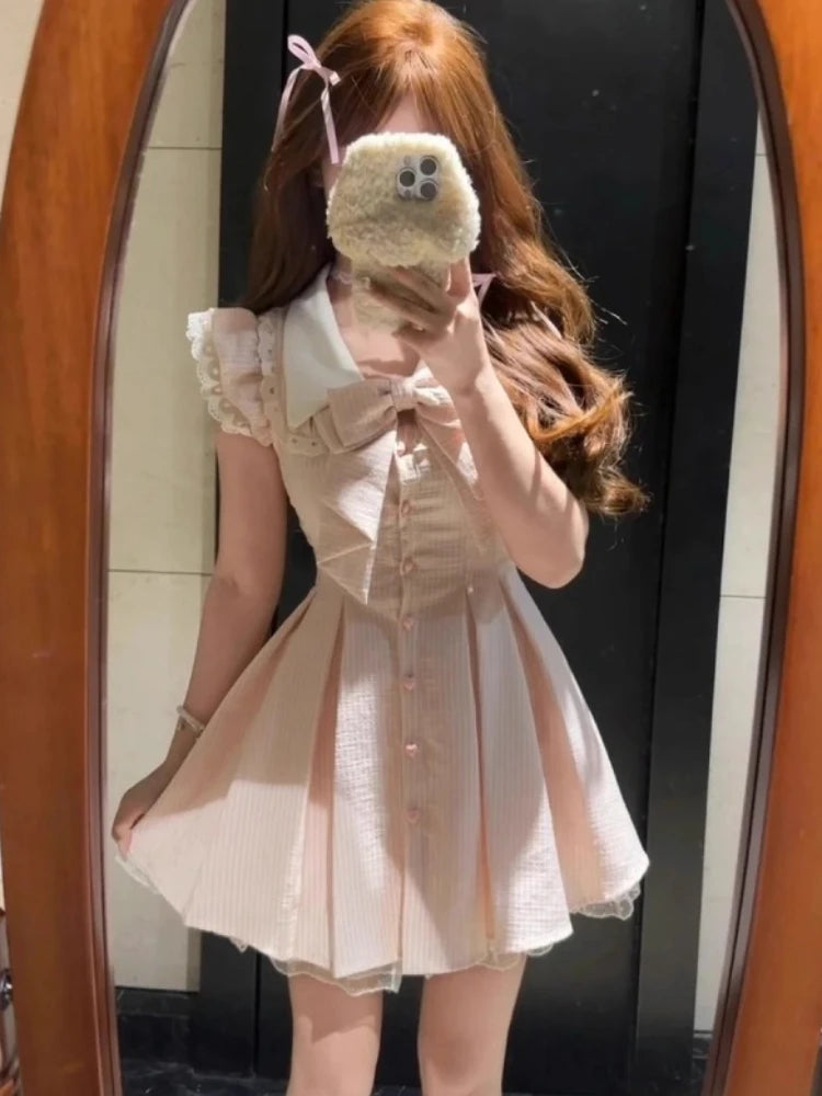Japanese Sweet Kawaii Striped Elegant Women Dress Fashion Cute Bow Y2k Princess Dress Harajuku Chic Lace Korean Popular Clothes