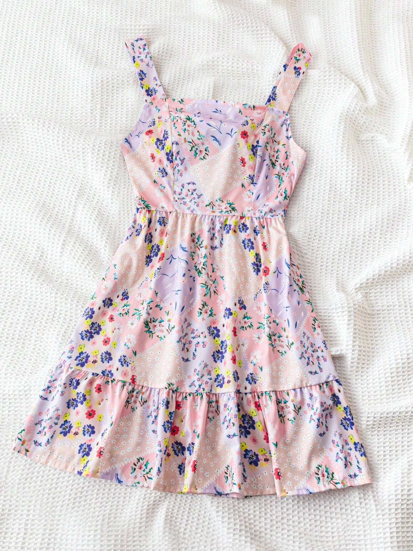 Women's Floral Print Strapless Back Tie Bow Dress 1181