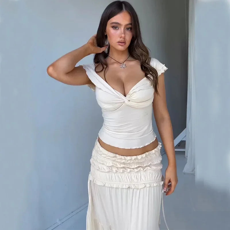2 Piece Set Women Outfit Crop Top And Skirt Sets Fashion Summer Outfits For Women Vacation Ruffle Beach Holiday Outfits 2024