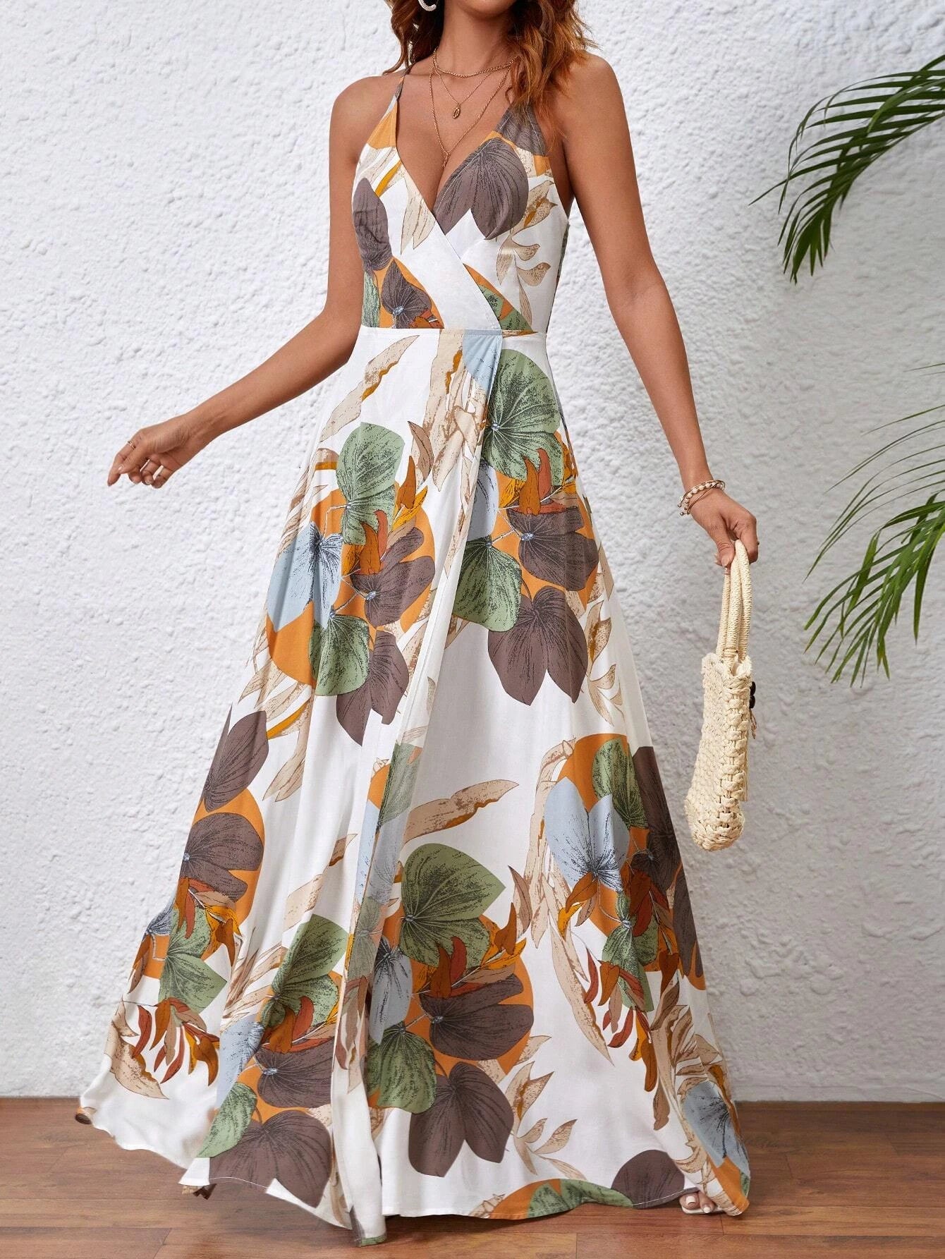 Tropical Printed Thigh Sling L Backless Suspender Dress 1056