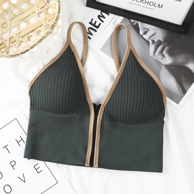 Seamless Sports Bra Women's Tube Top Front Zipper Sexy Crop Tops Beauty Back V-Neck Camisoles Push Up Lingerie Sports Tank Top