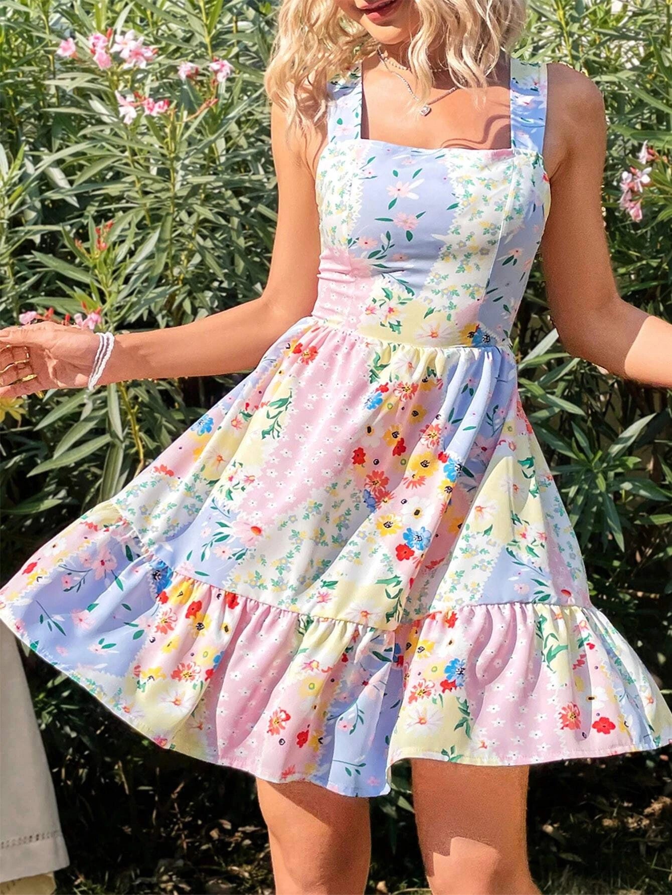 Women's Floral Print Strapless Back Tie Bow Dress 1181