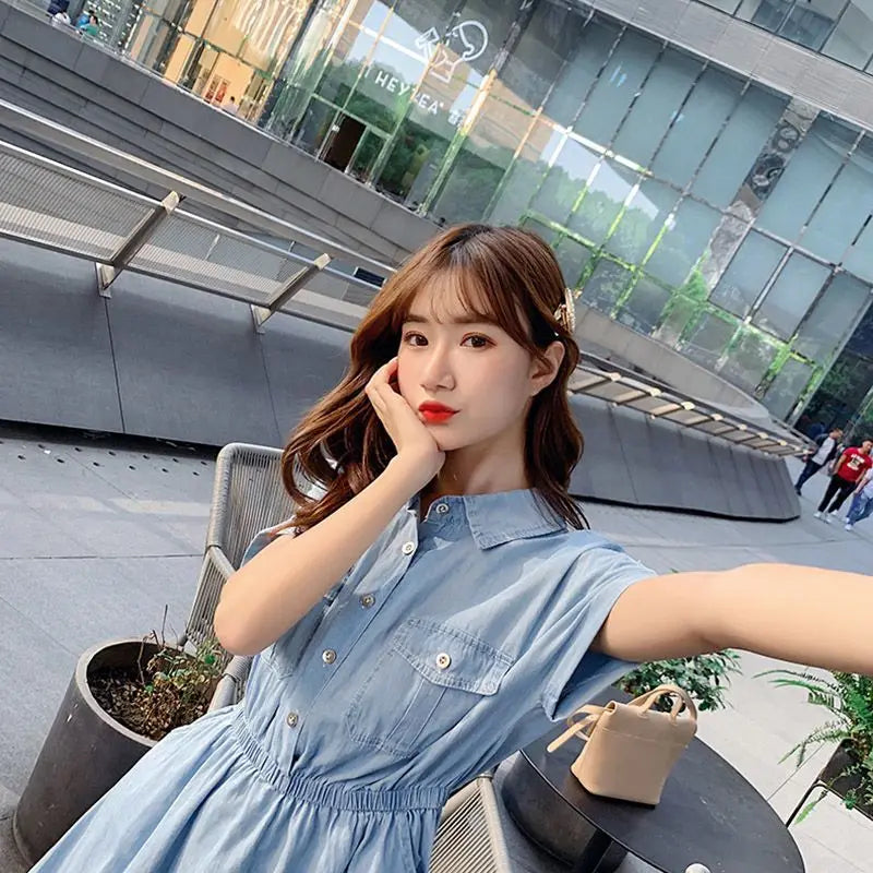 Lightweight Denim-Like Women's Dress Summer New Korean Style High-Waisted Button-Front Shirt Dress Versatile Casual Midi Dress