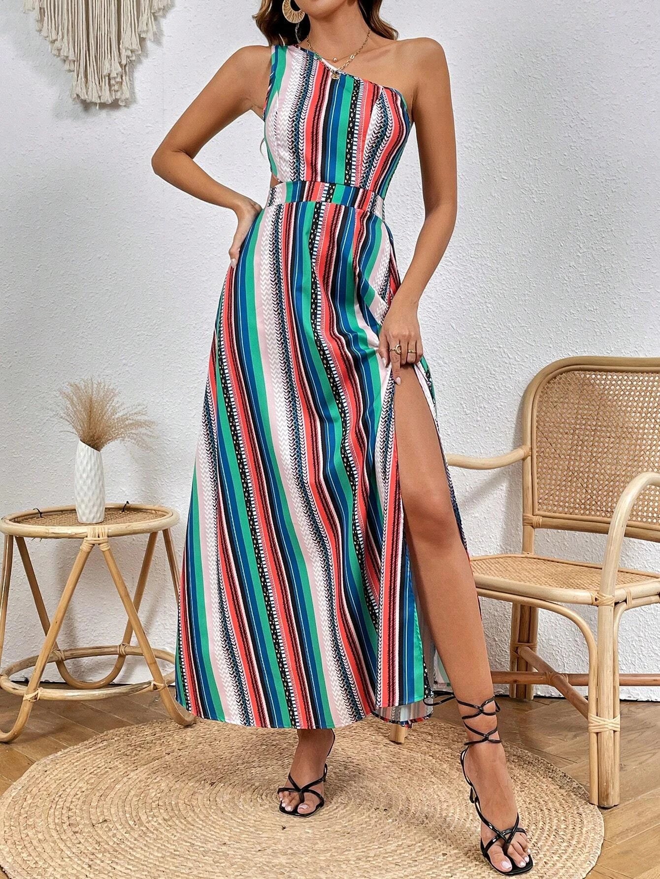 Striped Print One-Shoulder Dress Women Summer Sexy High Thigh Slit Bodycon Slim Fit Asymmetric Hem Vacation Beach Dress