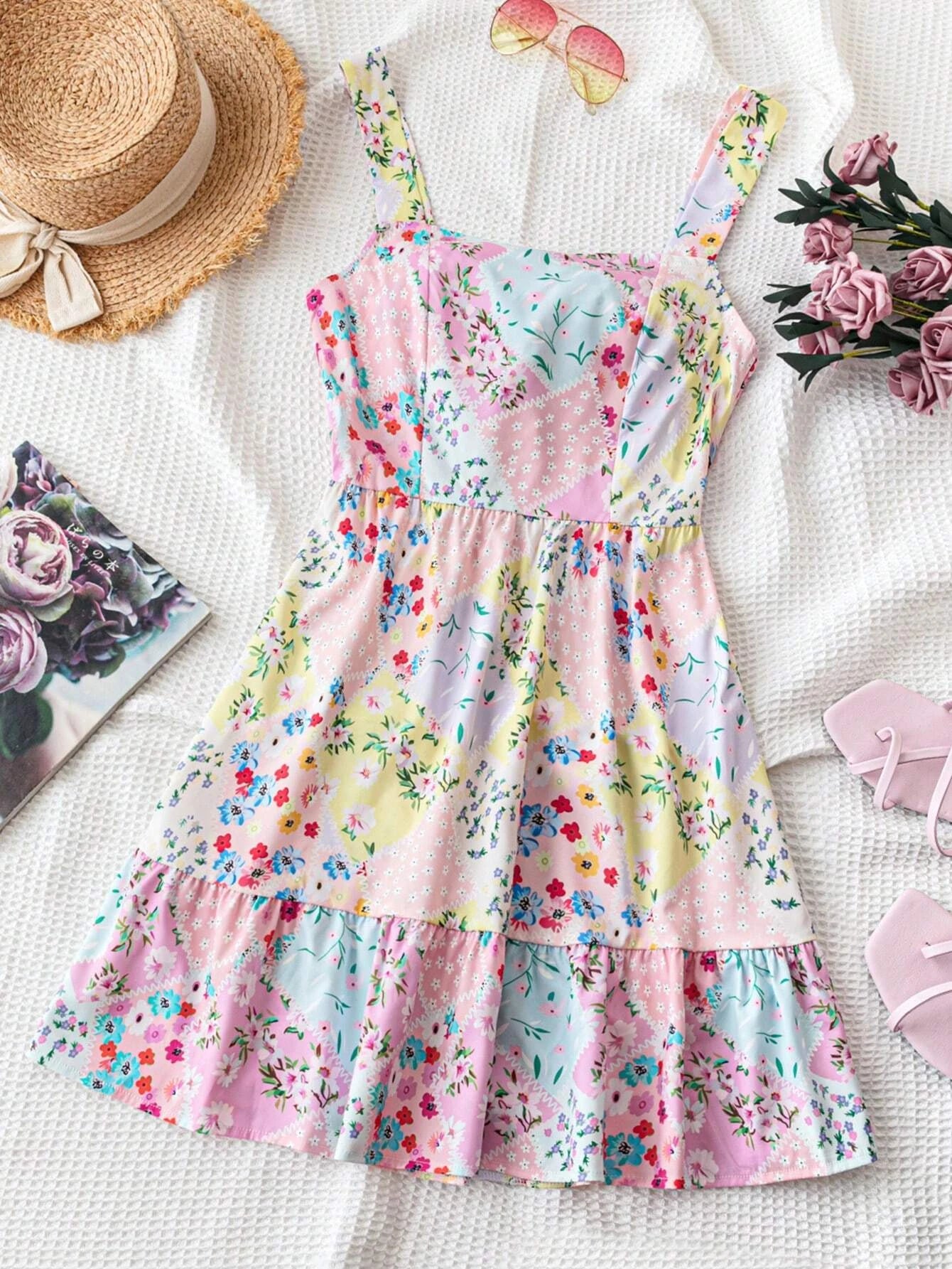 Women's Floral Print Strapless Back Tie Bow Dress 1181