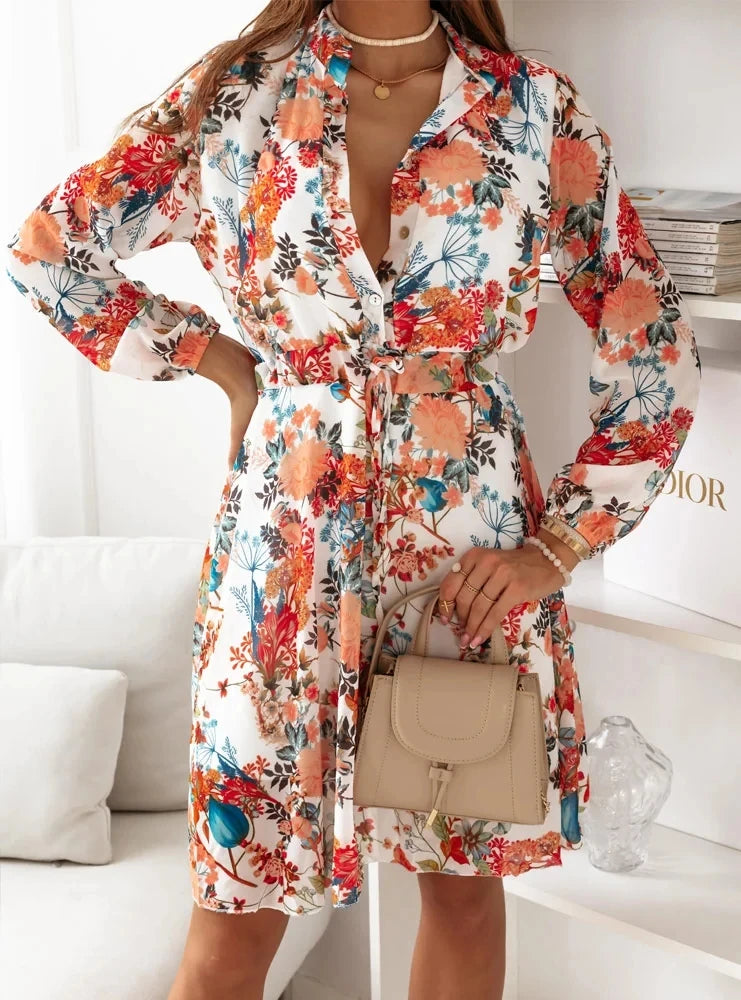 Women Floral Print Shirt Dress Fashion Casual V-Neck Long Sleeve A-Line Wrapped Dress Spring Autumn Vacation Dresses Streetwear