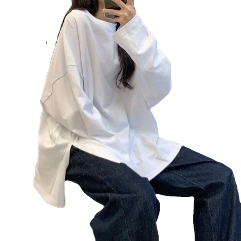 Harajuku Long T Shirt Spring Autumn Solid Simple Oversized T-shirt for Women Goth T-shirts Split White Black Long Sleeve Tops