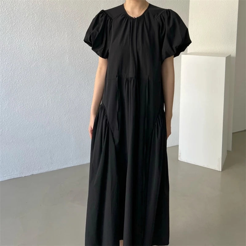 REALEFT Summer Vintage Puff Sleeve Women's Long Dresses 2026 New O-Neck Korean Straight Casual Loose Dresses Female