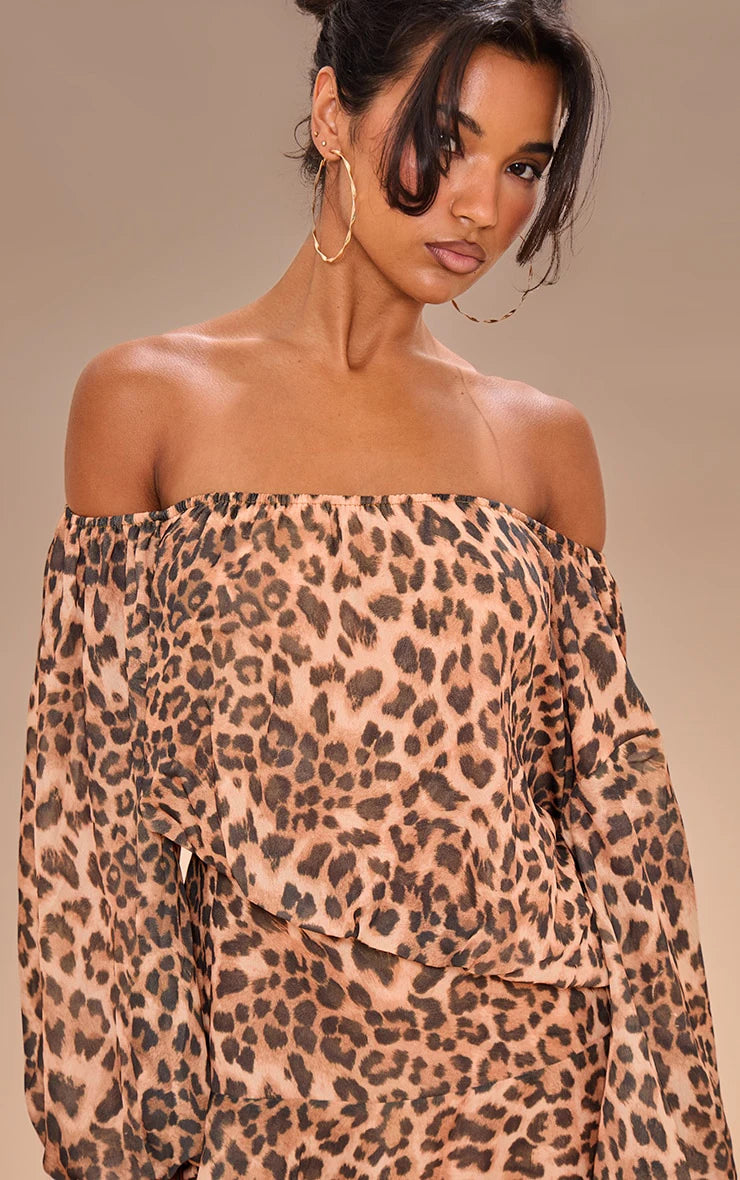 Elegant Short Printed Dress with Single Shoulder Design And Loose Waist for Women Leopard Pattern Floating Skirt Style