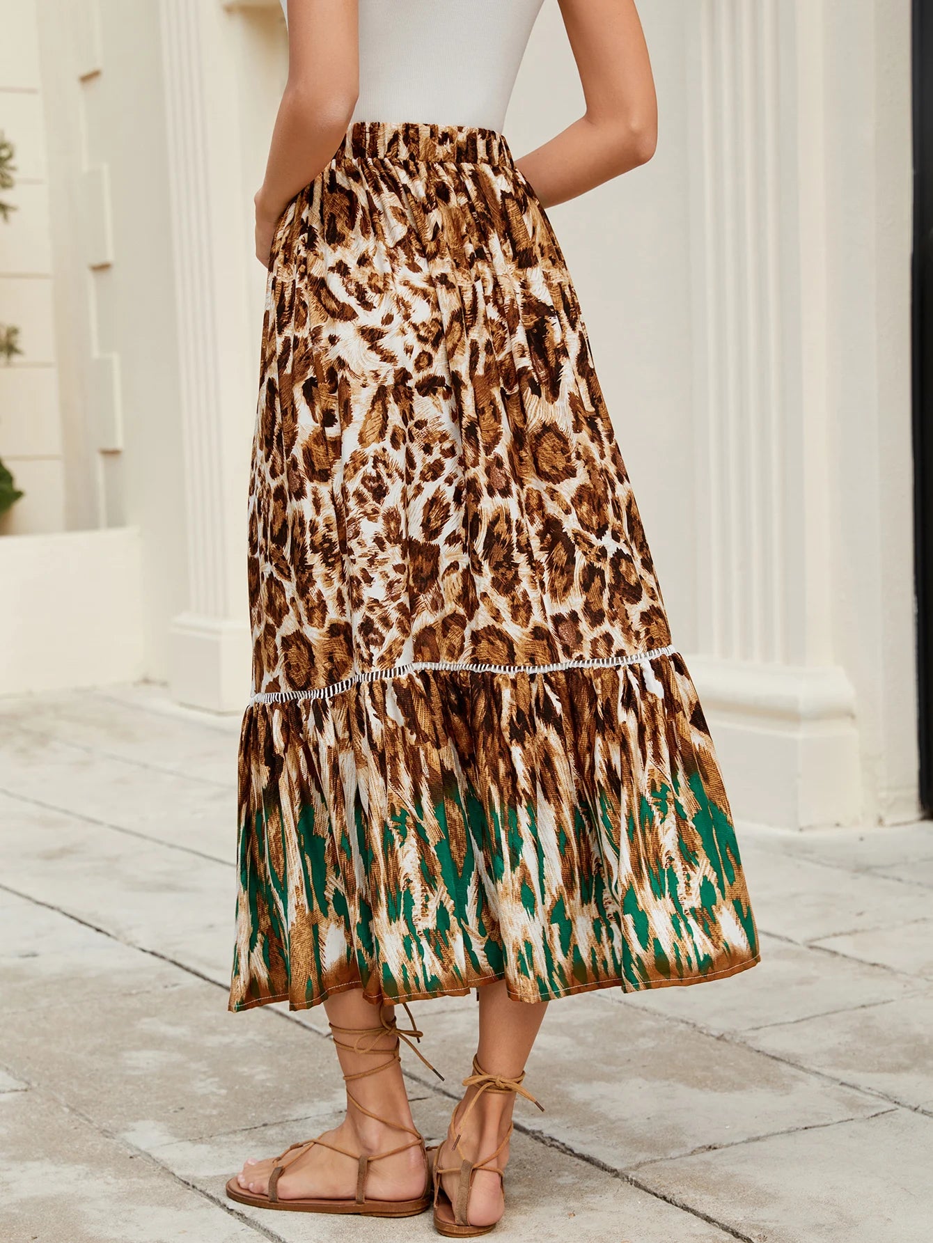 Beachwear High Waist Print Skirt Bohemian Holiday Half-length Leopard Pattern Women's Fashion Polyester Fiber Gored Skirt