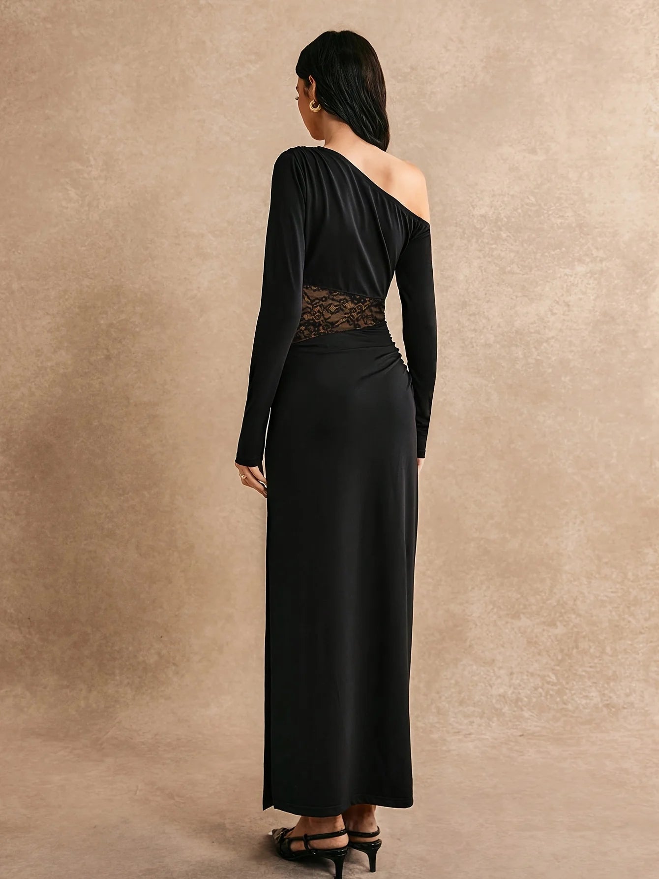 Black Dress Elegant Fashion Patchwork Lace Trumpet Dress Sexy Slim Slash Neck Long Sleeve Maxi Dresses For Women