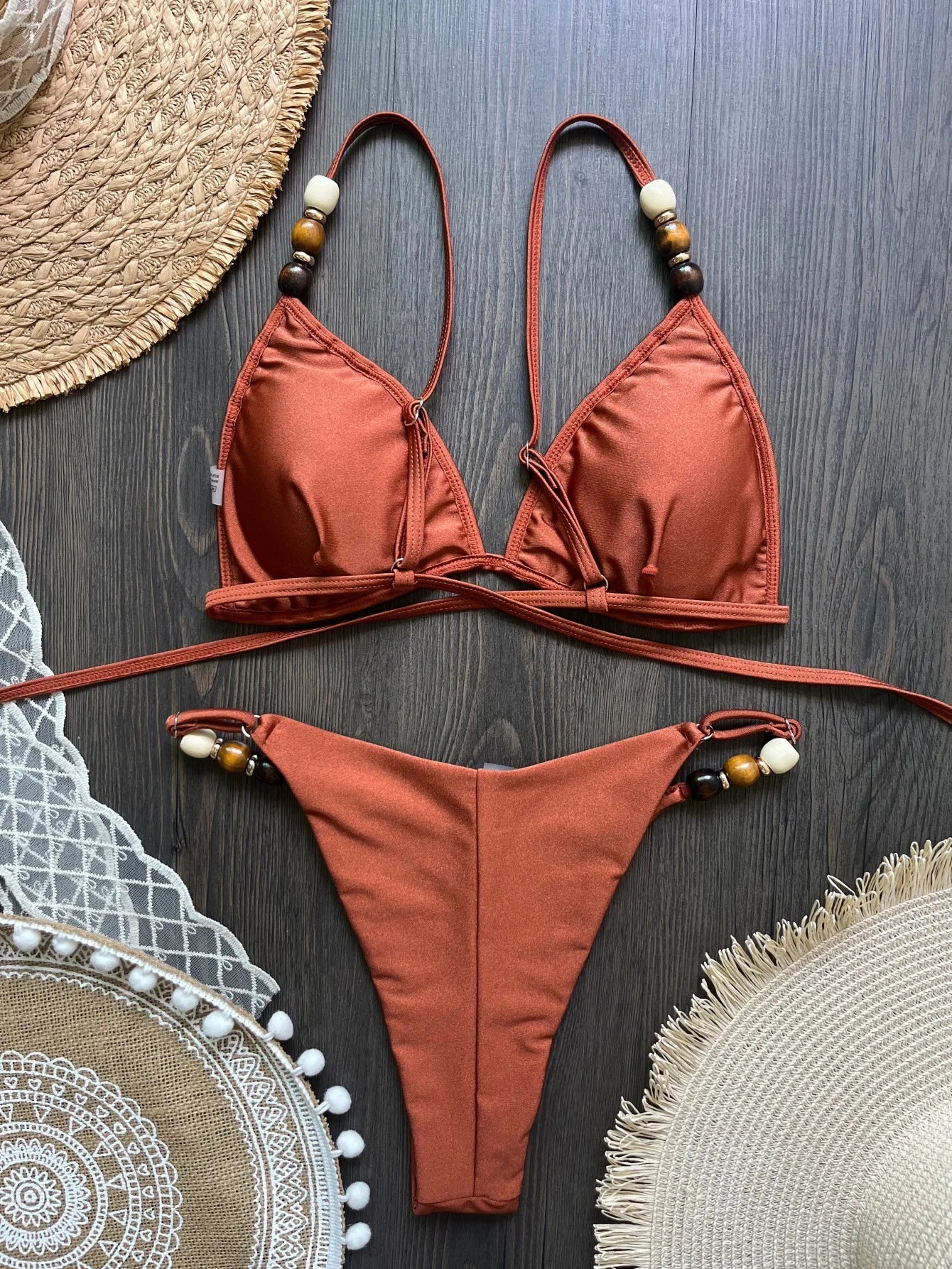 Sexy Brown Bikini Set 2026 Women Pearls Strap Hole Out Push Up Bra Thong Swimsuit Brazilian Beach Bathing Suit Micro Swimwear