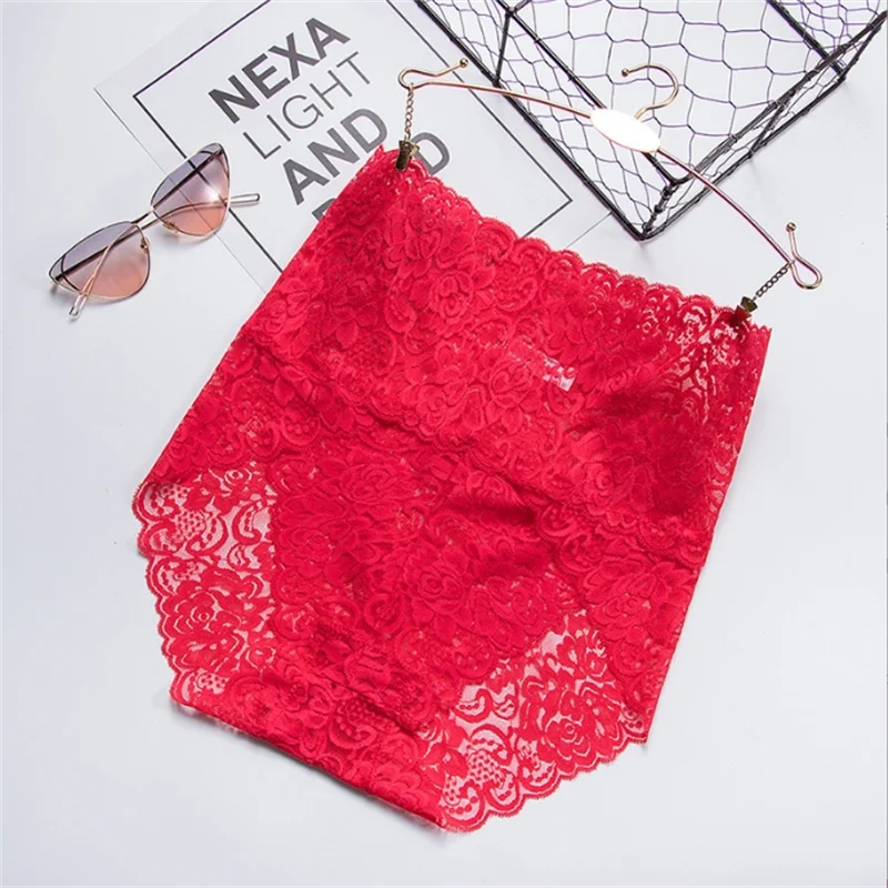 1Pc Fashion Women High Waist Plus Size Panties Lace Mesh Floral Transparent Briefs Underwear Solid Seamless Underpants Lingerie