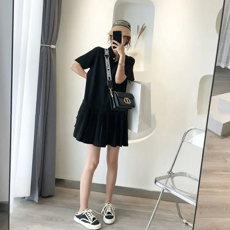 Summer New Loose Pleated Skirt Short Sleeve Polo Neck All-match Solid Color Plus Size Mini Dress Casual Fashion Women Clothing