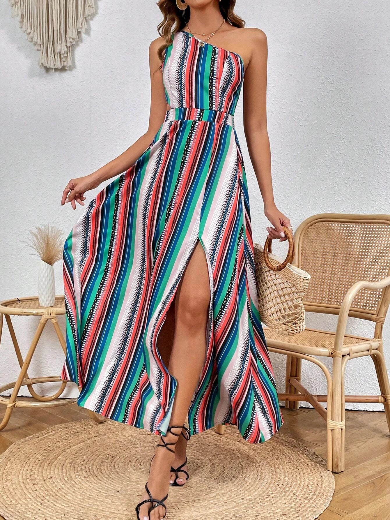 Striped Print One-Shoulder Dress Women Summer Sexy High Thigh Slit Bodycon Slim Fit Asymmetric Hem Vacation Beach Dress