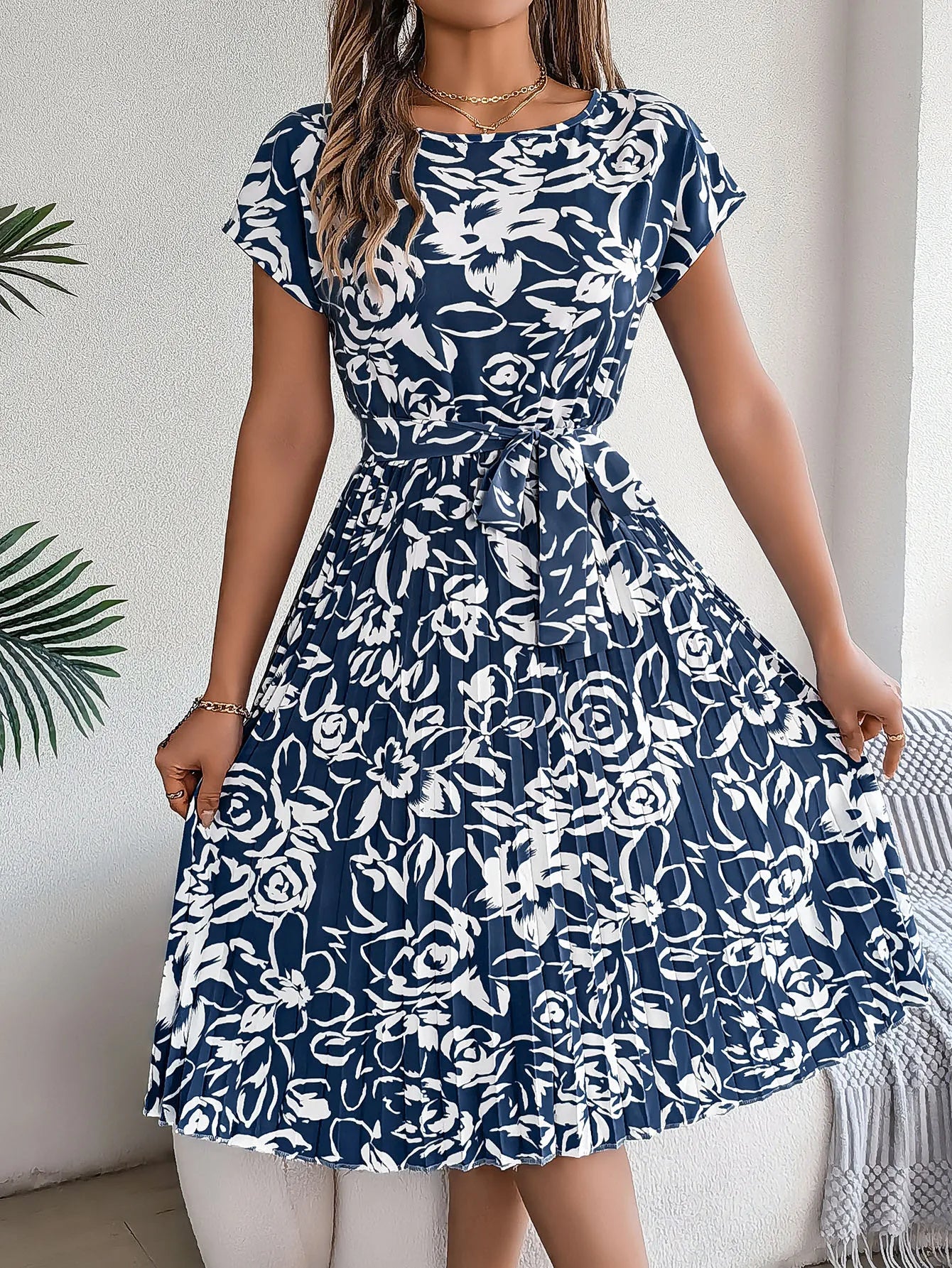 Spring Summer Floral Print Maxi Dress Women's Short Sleeve Flared Hem Empire Waist Belted Midi Dress Cross-Border Style