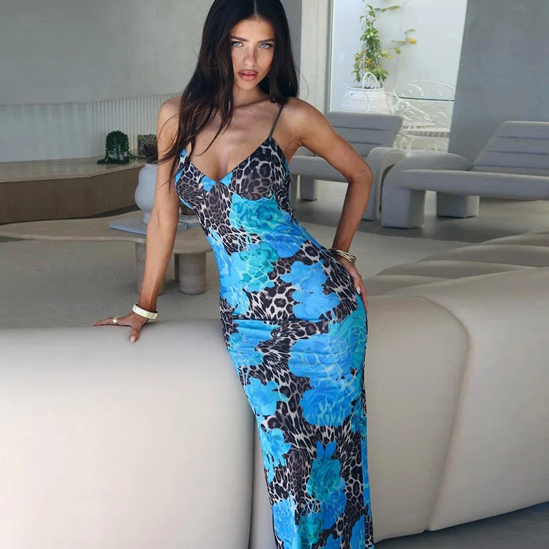 Elegant Print V Neck Slips Backless Sexy Bodycon Maxi Dress Women Fashion Outfits Party Festival Club