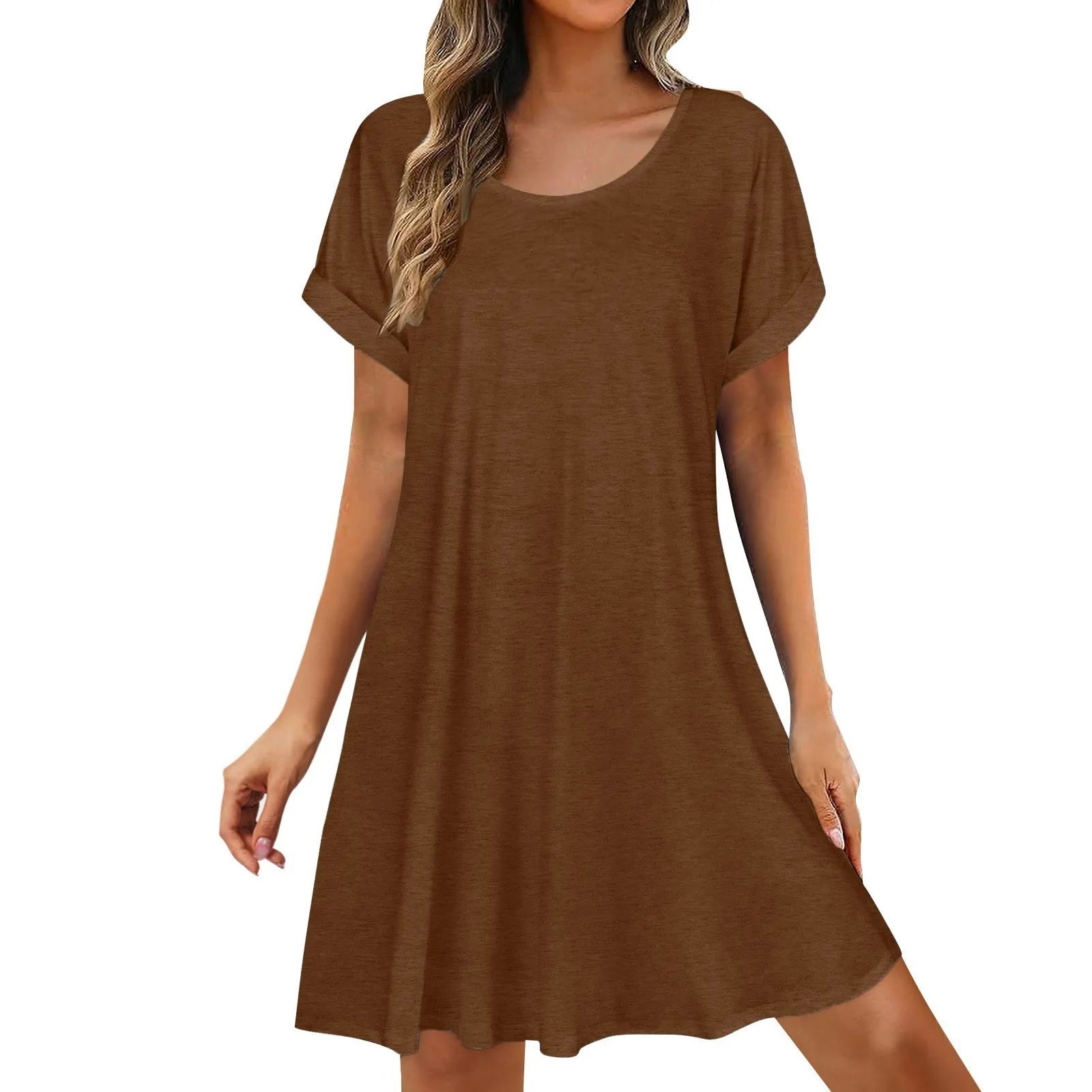 Womens Summer Basic Solid Color Short Skirt Casual and Versatile Oversized Pullover Dress Comfortable Round Neck Sundress