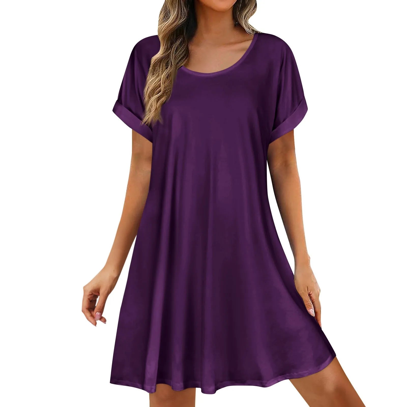 Womens Summer Basic Solid Color Short Skirt Casual and Versatile Oversized Pullover Dress Comfortable Round Neck Sundress