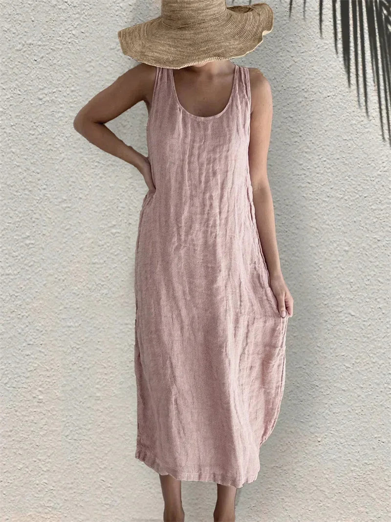 Women Comfortable Casual Cotton Linen Dresses 2026 Summer Solid Color Side Pockets Dress Female O Neck Pullover Sleeveless Gown