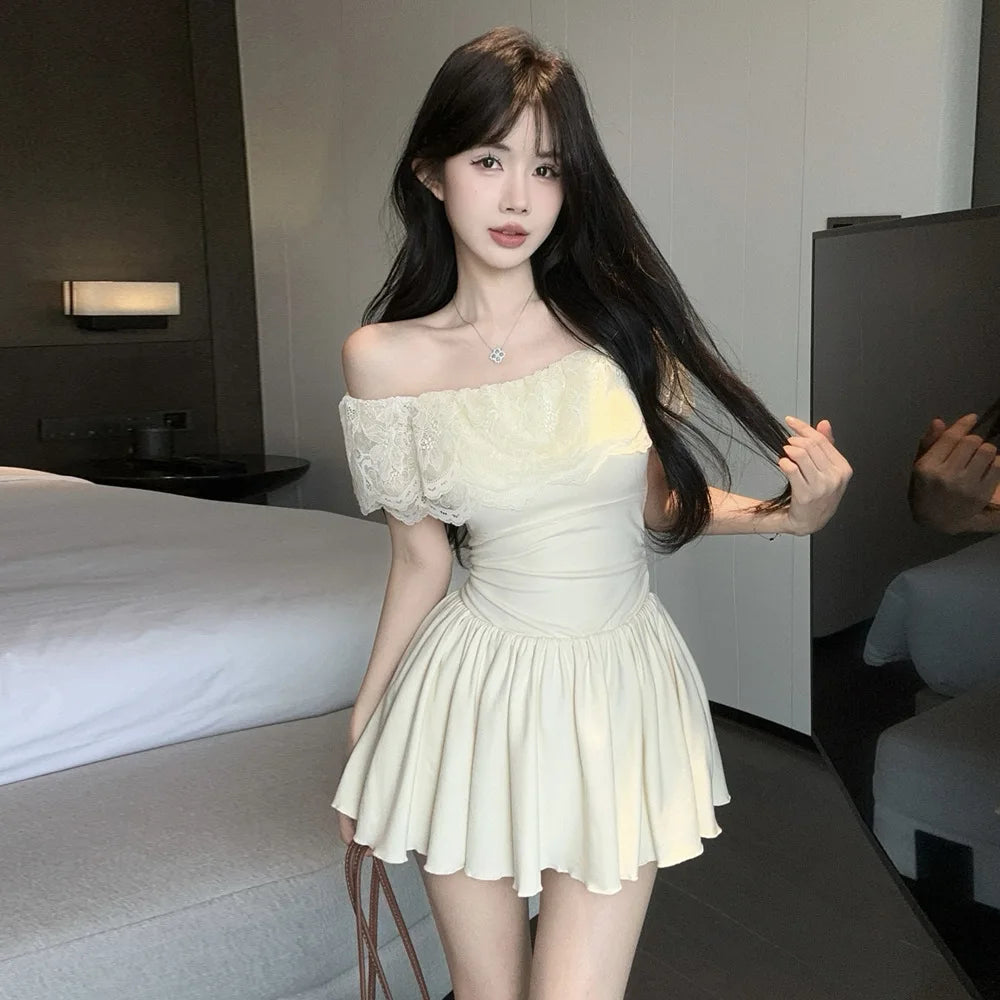 D5656Europe and America2026Cross-border foreign trade French sweet style off-shoulder lace patchwork waist-cinching dress