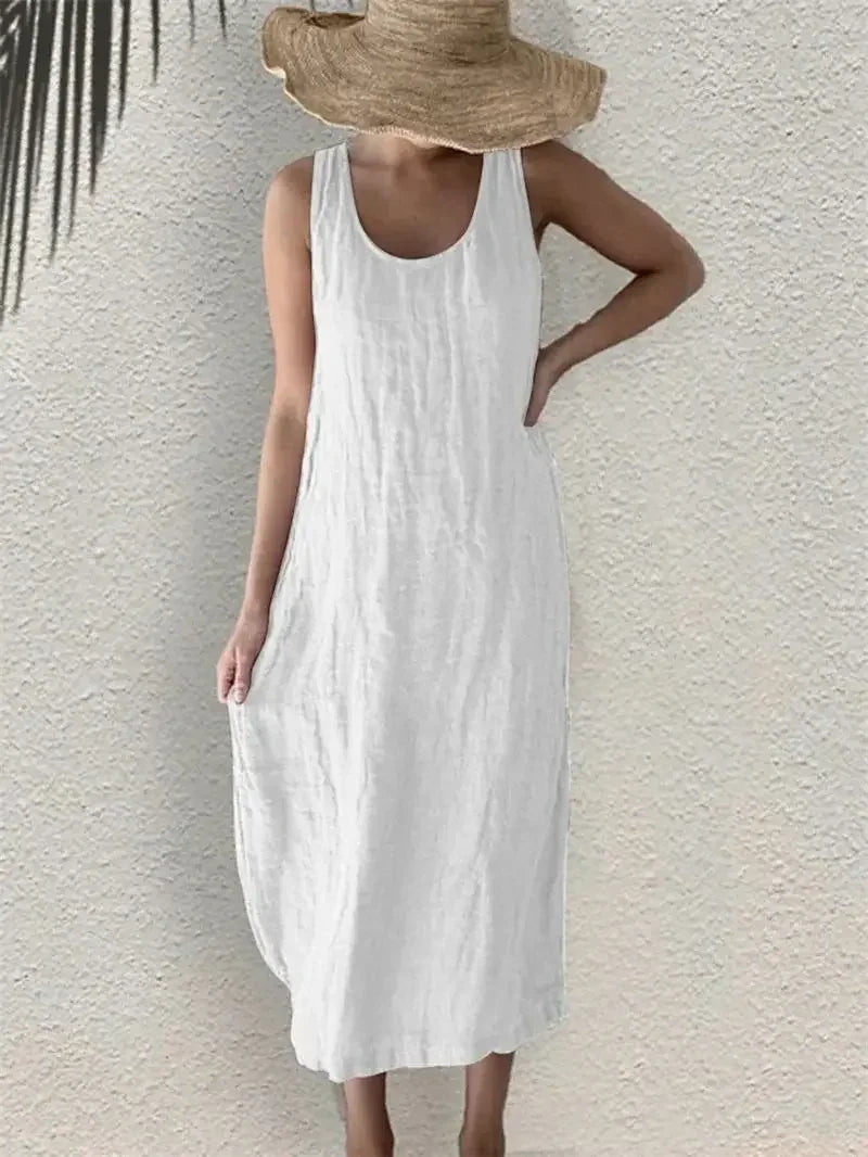 Women Comfortable Casual Cotton Linen Dresses 2026 Summer Solid Color Side Pockets Dress Female O Neck Pullover Sleeveless Gown