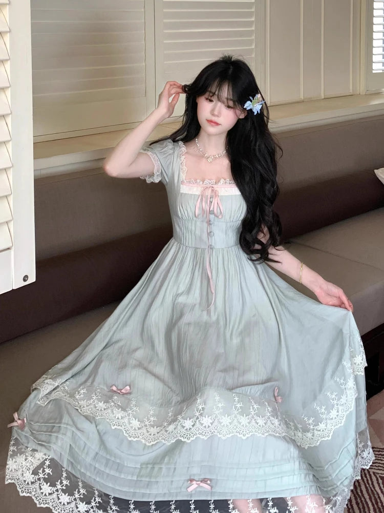 French Gentle Style Vintage Women Dress Sweet Bow Short Sleeve Dress Lace Splice Korean Popular Chic Long Dress New Summer 2026